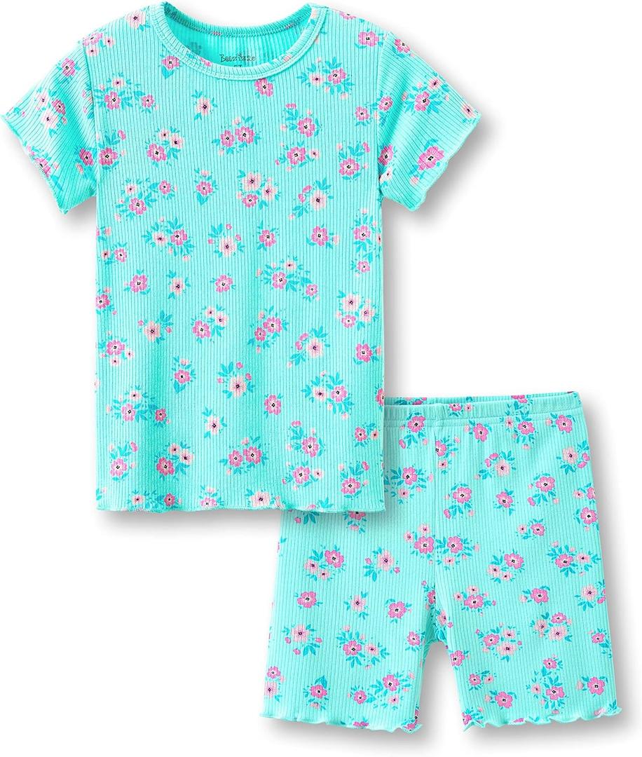 Beezizac Toddler & Little Girls Pajamas Cute Ditsy Floral/Strawberry Fruit Tee & Pants PJ Spring Set Kid Size 10