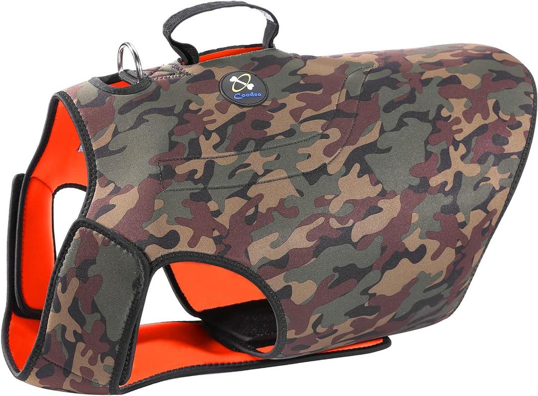 Coodeo Dog Hunting Vest Orange, Camo and Reversible Reflective Dog Tactical Harness Hound Jacket for Protection and Security, 4.5mm Neoprene Waterproof Safety Dog Vest Both Sides to Wear (Medium)