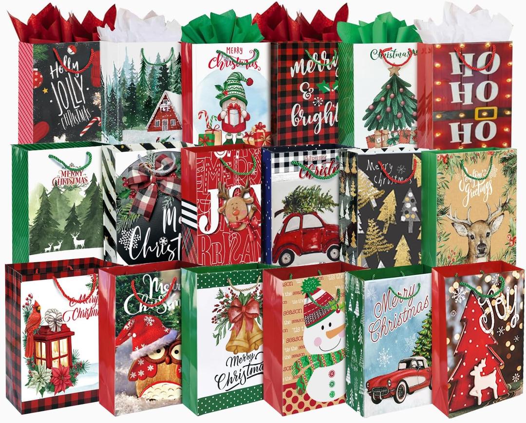 Party Funny 24 Large Christmas Gift Bags Bulk With Handles, 26 Tissue Paper and 60 Count Christmas Gift Tags Set-24 Assorted Designs Big Size Sacks Set For Wrapping Xmas Holiday Presents (Rustic Farmhouse Christmas)