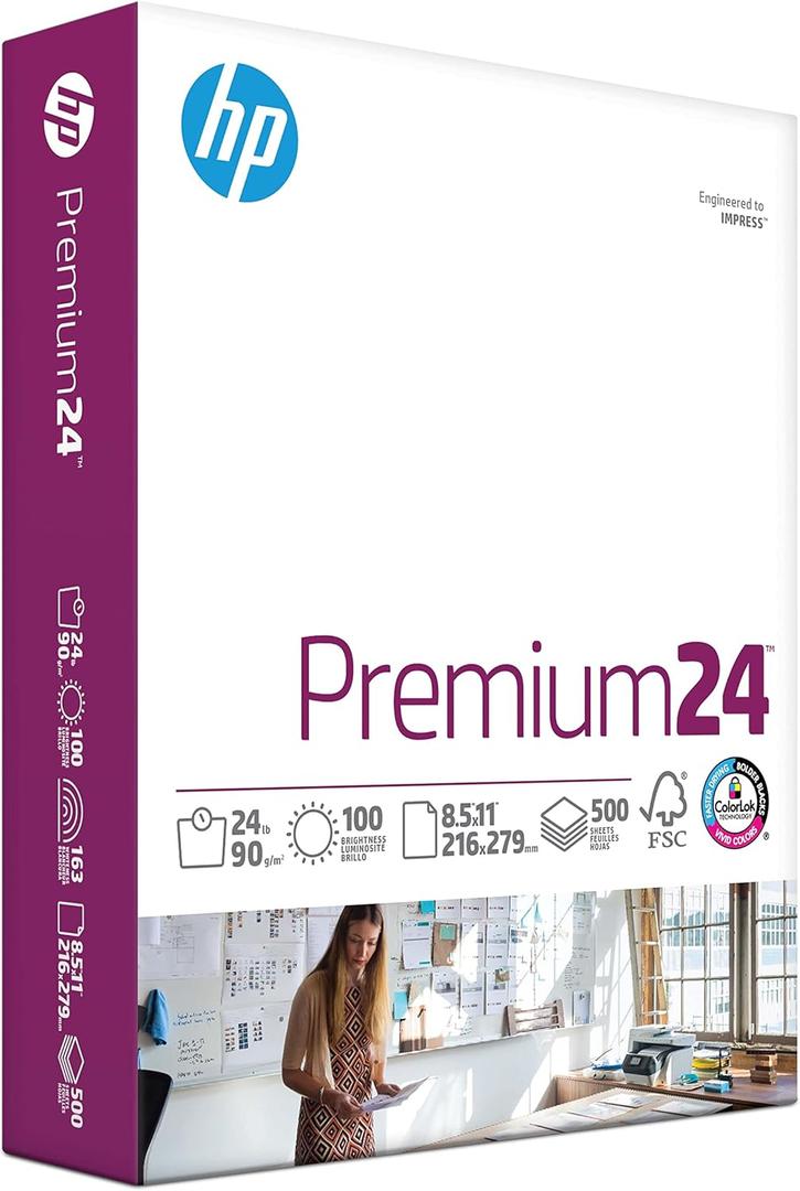 HP Printer Paper | 8.5 x 11 Paper | Premium 24 lb | 1 Ream - 500 Sheets | 100 Bright | Made in USA - FSC Certified | 112400R