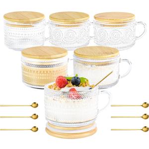 14oz Vintage Coffee Mugs Glass of 6 Overnight Oats Glass Mug with Bamboo Lids Spoons Handle for Iced Coffee Latte Cereal Yogurt(Hobnail*3 & Sunflower*3 with Sealing Ring Lid)
