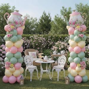 Kasyat 2 Set Tea Party Decorations Balloon Column with Adjustable Balloon Stand Kit, Teapot Balloons for Spring Bridal Shower Wedding Birthday Garden Party, Pastel Macaron Arch Supplies