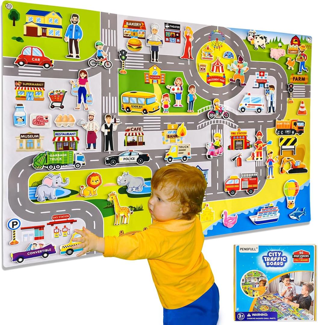 Transportation Felt Story Board Set ,40*28in Flannel Board for Wall ,95 Felt Pieces,Preschool Storytelling ,Vehicles,Career Image Dress-Up,Zoo Learning Interactive,for 3 years +,Gift for Toddlers