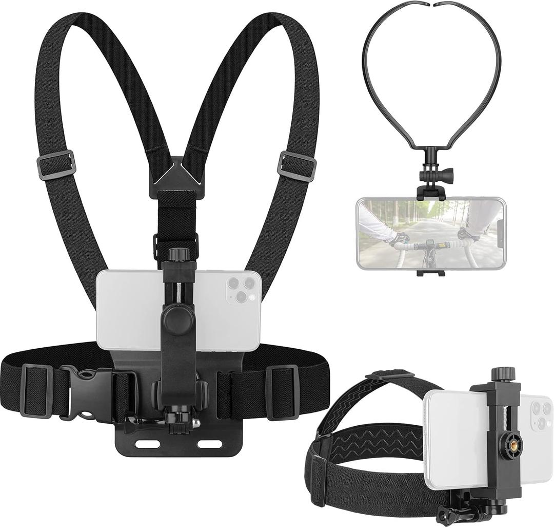 ChromLives 3 in 1 Hands Free Phone Holder - Neck, Head, Chest Mount Set for iPhone, GoPro Hero & More