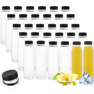 30 Pack 12 oz Empty Plastic Juice Bottles with Caps Reusable Clear Beverage Containers with Black Tamper Evident Lids, Brush, Funnel for Juice, Milk, Water, Coffee