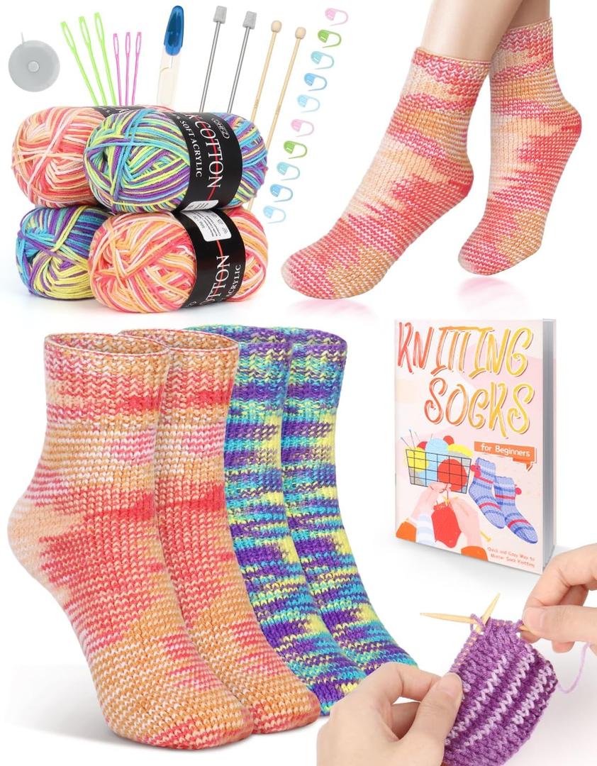 Katech Beginner Knitting Kit for Adults, 4 Pcs Socks Yarn Knitting Kit with Step by Step Instruction and 4 Knitting Needles, Knitting Starter Kit for Learn to Knit Craft Kits Gift