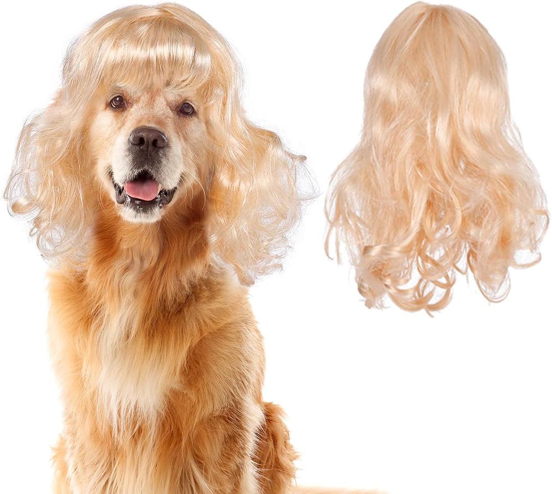 Dog Cat Cosplay Wig Long Blonde Curly Hair with Adjustable Elastic Bands Pet Wigs for Halloween, Christmas, Festivals, Pet Cosplay Costumes Accessories for Dog Cat (Blond)