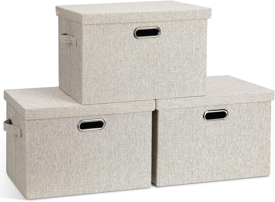 Large Quart Collapsible Stackable Storage Bins with Lids, 3 Packs Beige Linen Fabric Closet Boxes with Lids, Storage Cube Baskets Container Organizers for Bedroom Office(16.6 x 11.7 x 10.8)