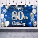 Happy 80th Birthday Decorations,80th Blue & Silver Balloon Large Birthday Banner Backdrop Sign,Cheers to Eighty Years Old Bday Party Supplies.
