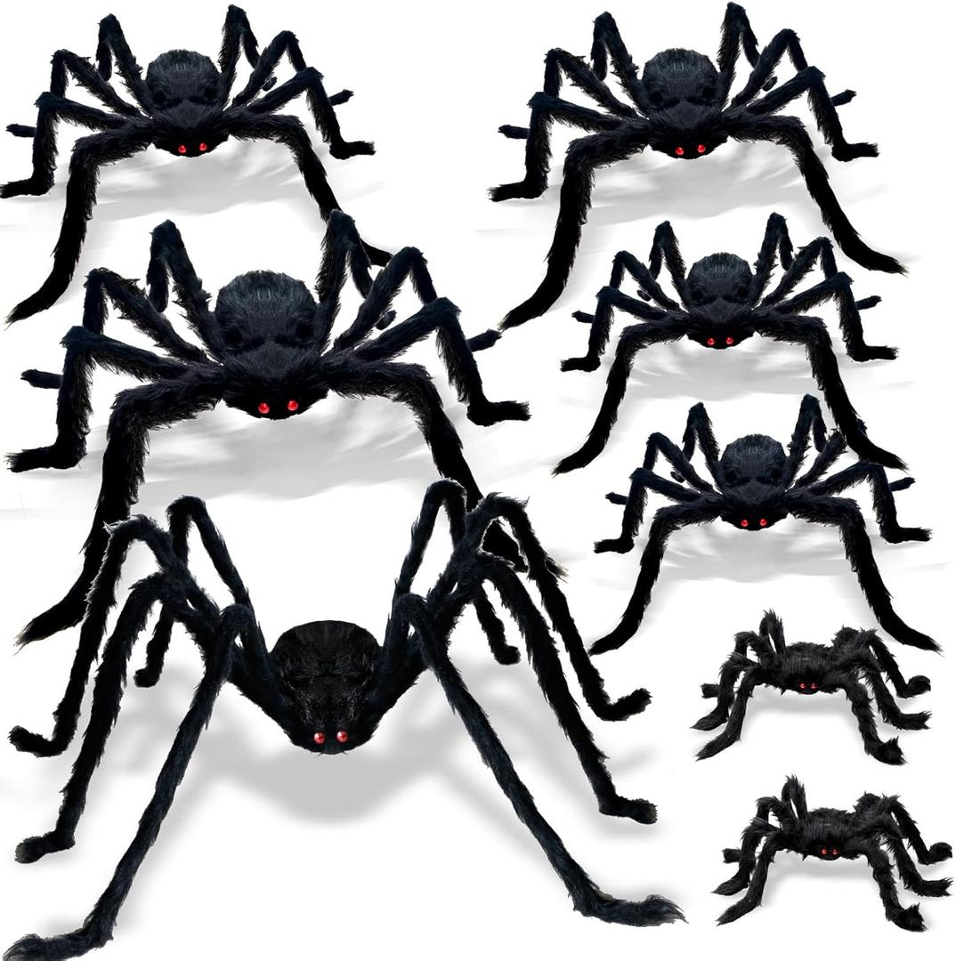 ZMCINER 8 Pcs Large Spiders Halloween Decorations - Outdoor Realistic Scary Hairy Spiders (8 Pcs in Different Sizes)