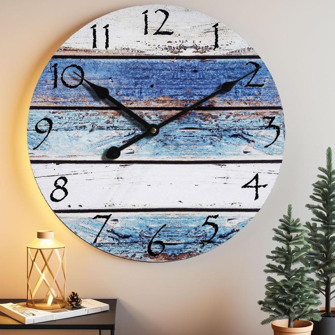 24 Inch Silent Coastal Wall Clock Battery Operated for Living Room Kitchen,Non-Ticking Large Blue Clock for Bedroom,Nautical Beach Wall Clock for Dining Room Bathroom Home School Office Kids Room (Vintage Ocean Blue)