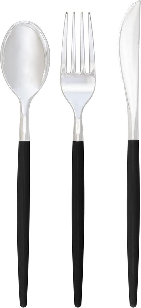 Luxe Party 128 Pieces Two Tone Plastic Disposable Cutlery | Forks-Spoons-Knives | Full Size | Chic Round | Black and Silver