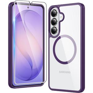 FNTCASE for Samsung Galaxy S26 Case: Clear Magnetic Phone Cases with Screen Protector Compatible with Magsafe Slim Anti Yellowing Shockproof Protective Transparent Cover (Purple Magnetic)