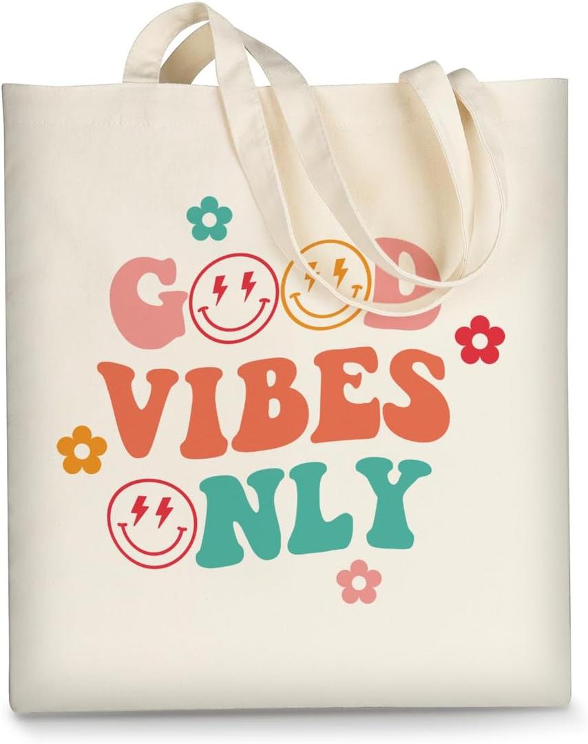 AUSVKAI Canvas Tote Bag Aesthetic for Women, Cute Reusable Cloth Cotton Bags for Shopping Beach Trendy Gifts (Good Vibes Only)