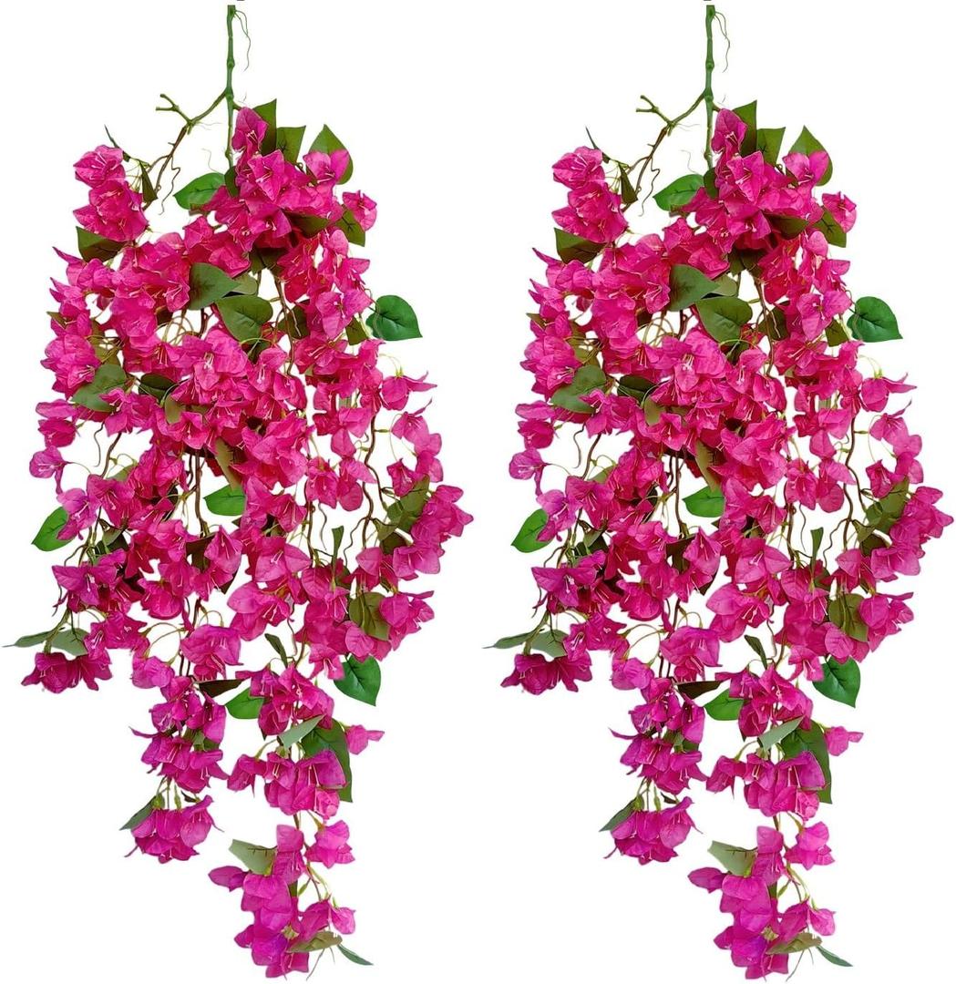 Pack of 2 pcs - Artificial Bougainvillea Hanging Flowers Faux Silk Flower Full Blooms Floral Vines for Indoor Outdoor Home Garden Porch Eave Wedding Wall Decor (Pink)