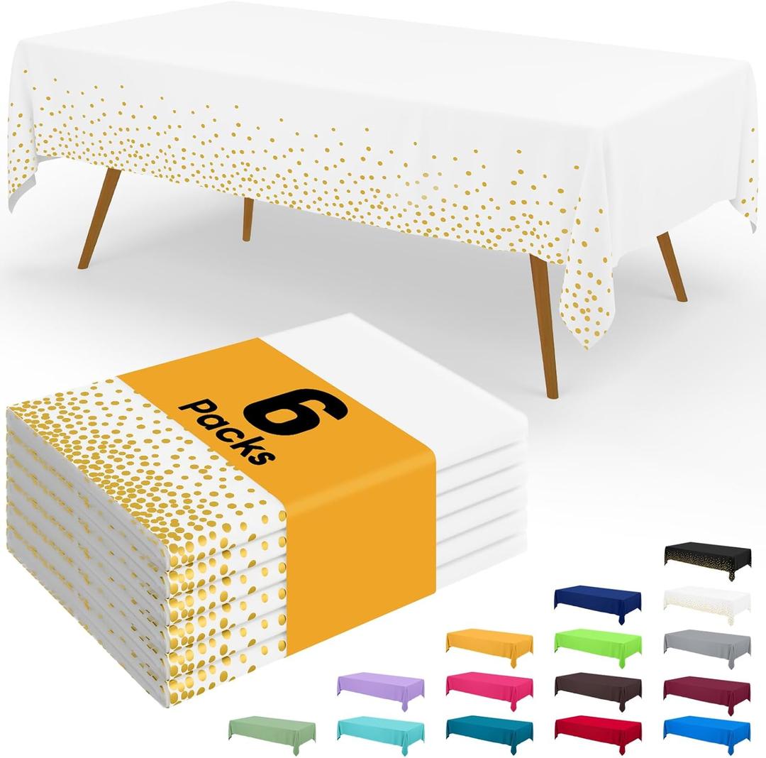 Smiry Disposable Table Cloth - 6 Pack, 54 x 108 Inch Waterproof Rectangle Tablecloths for New Years, Decorative Plastic Table Cover, Leakproof & Sturdy, White & Gold