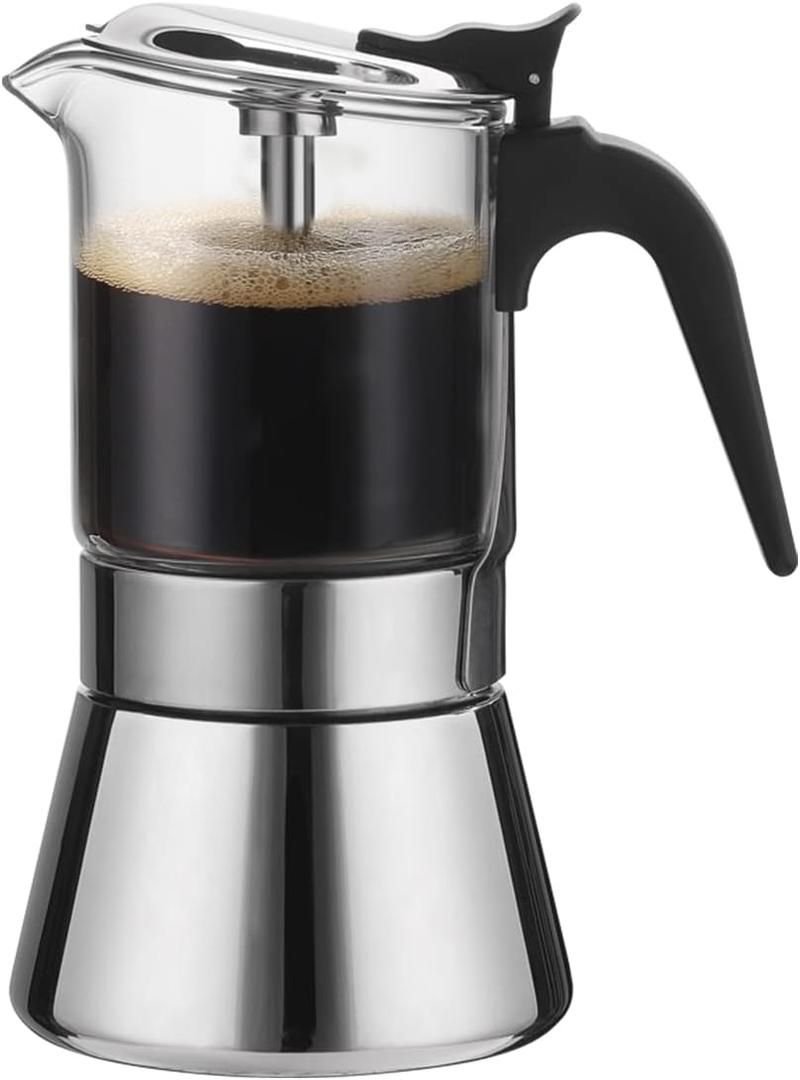 Moka Induction Stovetop Espresso Maker With Pressure valve,Crystal Glass-top & Stainless Steel Esprosso Moka Pot,160ml Classic Italian Coffee Maker