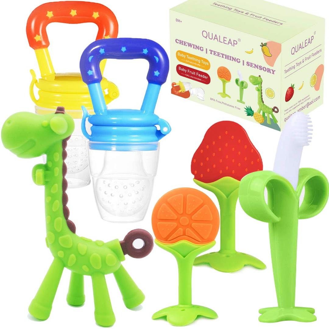 Medical-Grade Teething Toys for Babies 0-6 6-12 12-18 Months - Teethers with 2  Baby Fruit Feeders and 4  Baby Teether - BPA Free/Freezer Free - Soft Textures for Infant and Toddlers (Green)