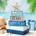 Moucuny 4 Pcs Summer Table Decoration Beach Tiered Tray Decor Starfish Coastal Rustic Wooden Block Sign Gifts Blue and White Ocean Centerpieces Farmhouse Beach Nautical Decor for Home Shelf Mantel