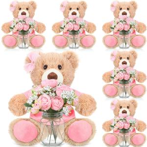 Pink 6 Set Baby Shower Bear Centerpieces for Tables Mason-Style Glass Jars with Artificial Peonies and Baby's Breath Rustic Table Decor for Gender Reveal Party Wedding