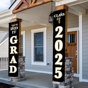 Graduation Decorations 2025 Banner Porch Sign Black Gold  You Did It Class of 2025 Graduates Party Supplies | Congrats Grad Front Door or Yard Porch Signs Decor | Graduation Banners for Party Decorations (Black White Gold)