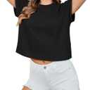 Crop Tops for Women Summer Short Sleeve Loose Fit T Shirts Casual Round Neck Rolled Basic Tees (Black, M)