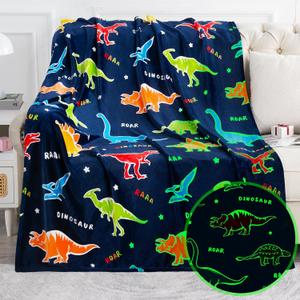 Jekeno Dinosaur Glow in The Dark Blanket Dino Gift Throw for Kids Boys Girls Birthday Christmas Halloween Easter Decor for Age 1-16 Years Old Teens Child Toddler Son Throw Navy Blue 50"x60"
