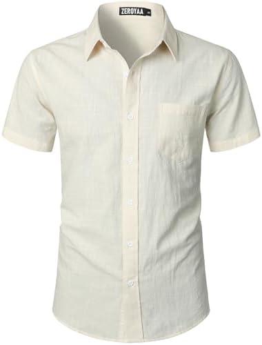 ZEROYAA Men's Fitted Cotton Linen Casual Short Sleeve Button Up Shirts Lightweight Beach Tops with Pocket, L