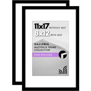 Americanflat 11x17 Picture Frame with Polished Plexiglass - Set of 2 - Use as 8x12 Frame with Mat or Display 11x17 Photo Without Mat - Galleria Collection - Picture Frames for Wall Display - Black