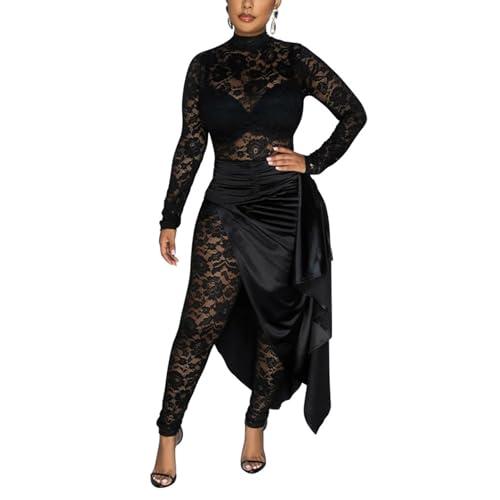 YOUFE Women's Lace See Through Jumpsuit Bodycon Sexy Club Outfits Long Sleeve Pleated High Split Midi Skirt One Piece Set, Medium