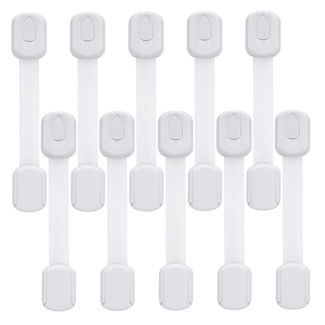 Goodv Child Safety Cabinet Locks - (10 Pack) Baby Proofing Latches to Drawer Door Fridge Oven Toilet Seat Kitchen Cupboard Appliance Can with 3M Adhesive - Adjustable Strap No Drill No Tool (White)