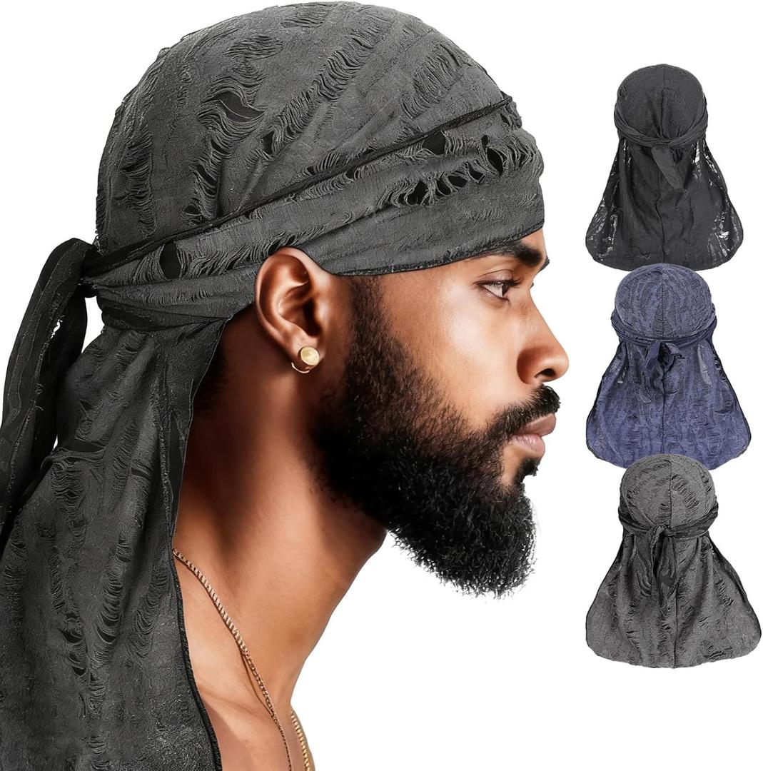 Durag for Men Silky Neck Drape Do rags Skull Wave Cap Breathable Headwraps Sun Protection Hat Biker Hip Hop Bonnet Headwear (Black+blue+deep Grey)