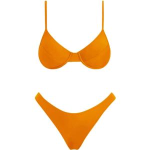 VOLAFA Women's Triangle Bikini Set Textured Frilled Smocked Ruched Push Up Swimsuit Two Piece Bathing Suit (10, Bright Orange)