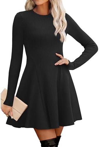 OFEEFAN Sweater Dress for Women Fall 2025 Long Sleeve Crew Neck Ribbed Knit Fit and Flare A-Line Dresses S
