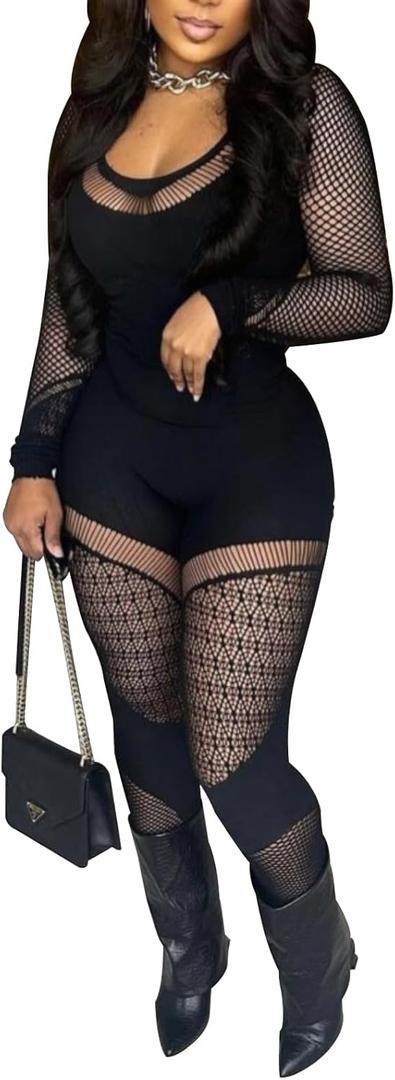 WEICHUJIAN Women Sexy See Through Womens Jumpsuit Outfits Mesh Hollow Out Crop Top Bodycon Long Sleeve Rompers (Black, Large/X-Large)