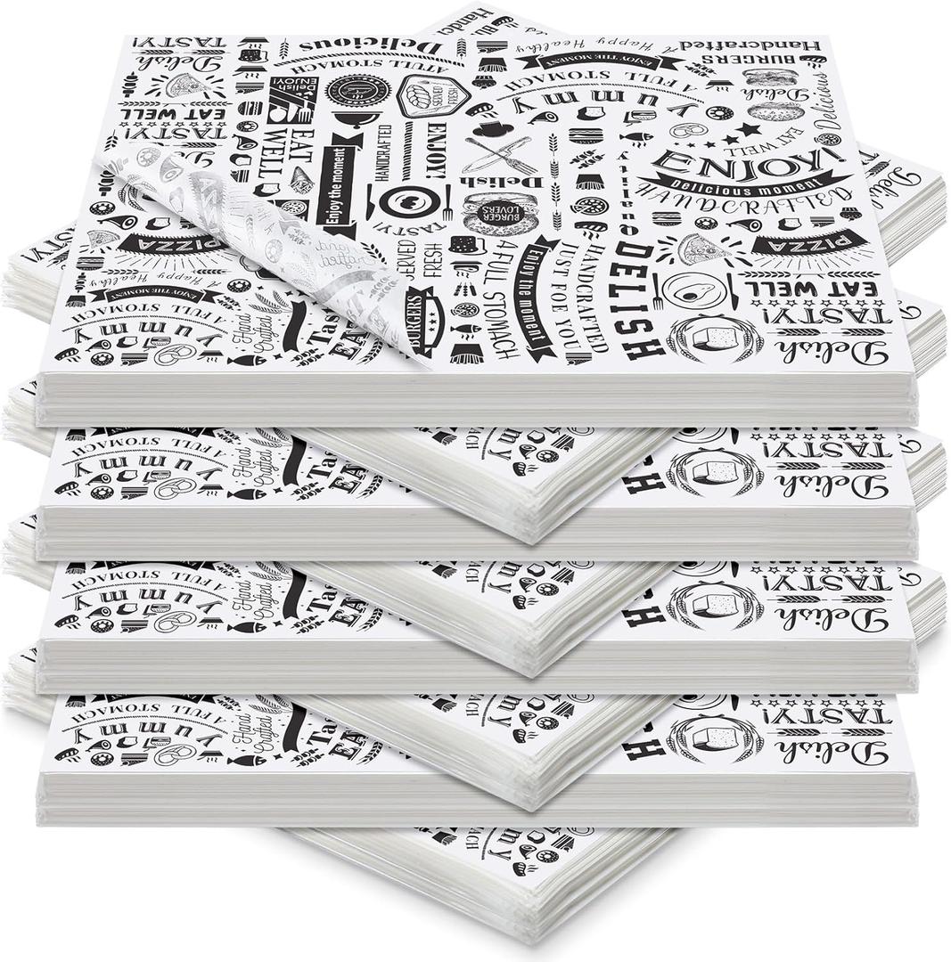 Outus 600 Pcs 8 x 10 inch Deli Wax Paper Sheets Grease Resistant Tray Basket Liners Newsprint Paper Water and Grease Proof Sandwich Wrapping Square Hot Dog Wrappers for Food Baking (White)