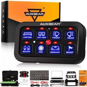 Auxbeam 8 Gang Switch Panel BA80, Universal Circuit Control Relay System Box with Automatic Dimmable On-Off LED Switch Pod Touch Switch Box for Car Pickup Truck Boat UTV ATV (8 Gang (1-Sided Outlet), Blue (No APP))