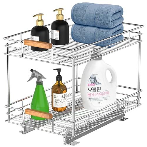 Mount Walker Pull Out Cabinet Organizer(14" W x 21" D), 2 Tier Slide Out Shelves with Wood Handle, Sliding Drawer Pull Storage Shelf for 15-1/4” Cabinet Opening, Chromem
