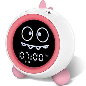 H-chin Kids Alarm Clock, Toddler Sleep Training Clock with Night Lights, Sound Machine, Time to Wake Dinosaur Alarm Clock for Children, Gift Ideas for Kids Toddler Boy Girl (Pink)
