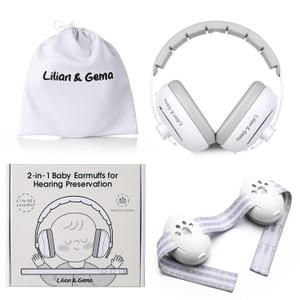 Lilian&Gema 2-in-1 Baby Ear Muffs Noise Protection, Adjustable Headphones with Stretchy Band, Noise Cancelling for Toddler up to 4 Years, Airplane Essentials/Outdoor, White