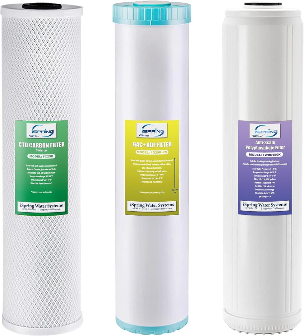 iSpring F3WGB32BKDS 4.5 x 20 3-Stage Whole House Water Filter Replacement Pack with Polyphosphate Anti-Scale, GAC+KDF, and CTO Carbon Block Water Filters, Fits WGB32B-KDS
