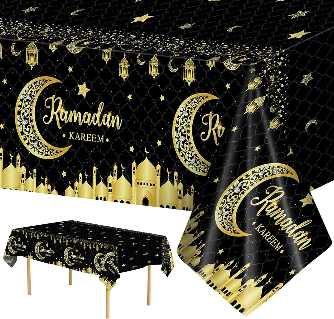 2 x 2 Pcs Ramadan Tablecloth - Plastic Black Gold Ramadan Kareem Table Cloth, Disposable Rectangle Eid Moon Star Table Cover for Ramadans Mubarak Home Party Supplies Decorations Table Decor, 108 x 54 Inch