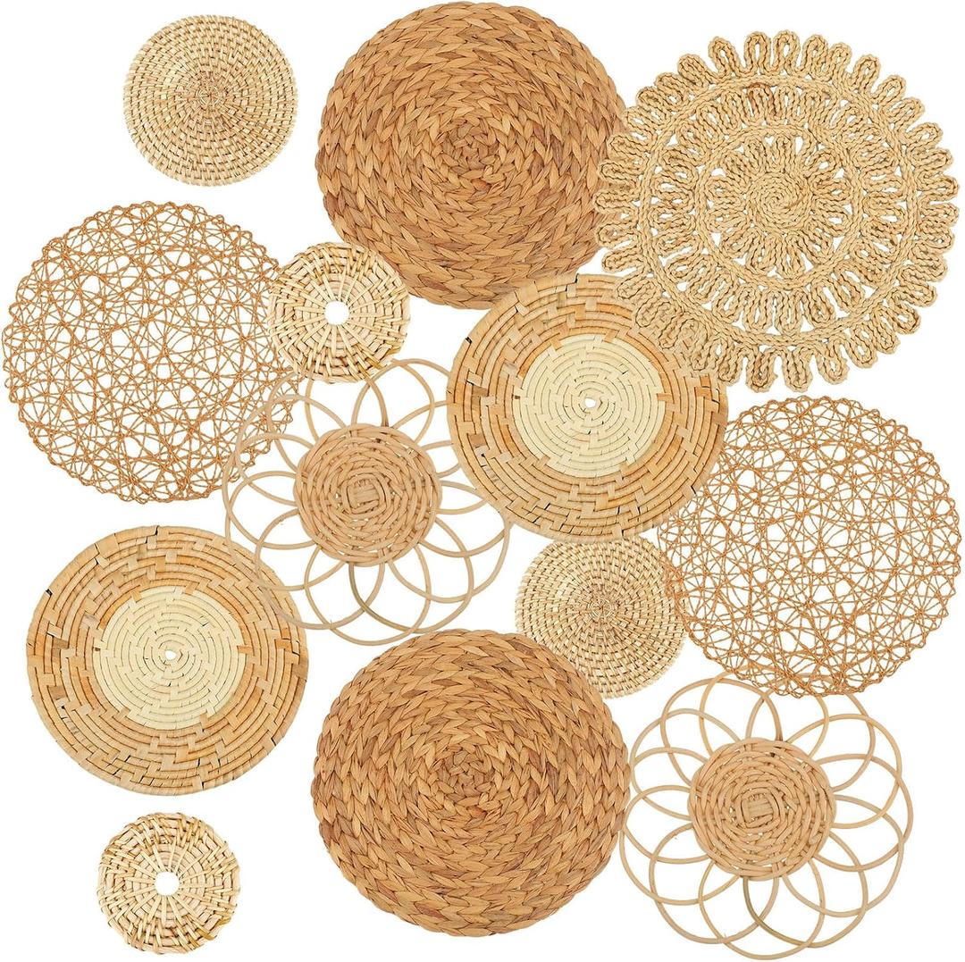 Glenmal Set of 13 Boho Wall Basket Decor Woven Rattan Flat Baskets Handmade Boho Wicker Bamboo Seagrass Wall Hanging Decor for Bedroom Living Room Dining Room Office Ready to Hang(Classic)