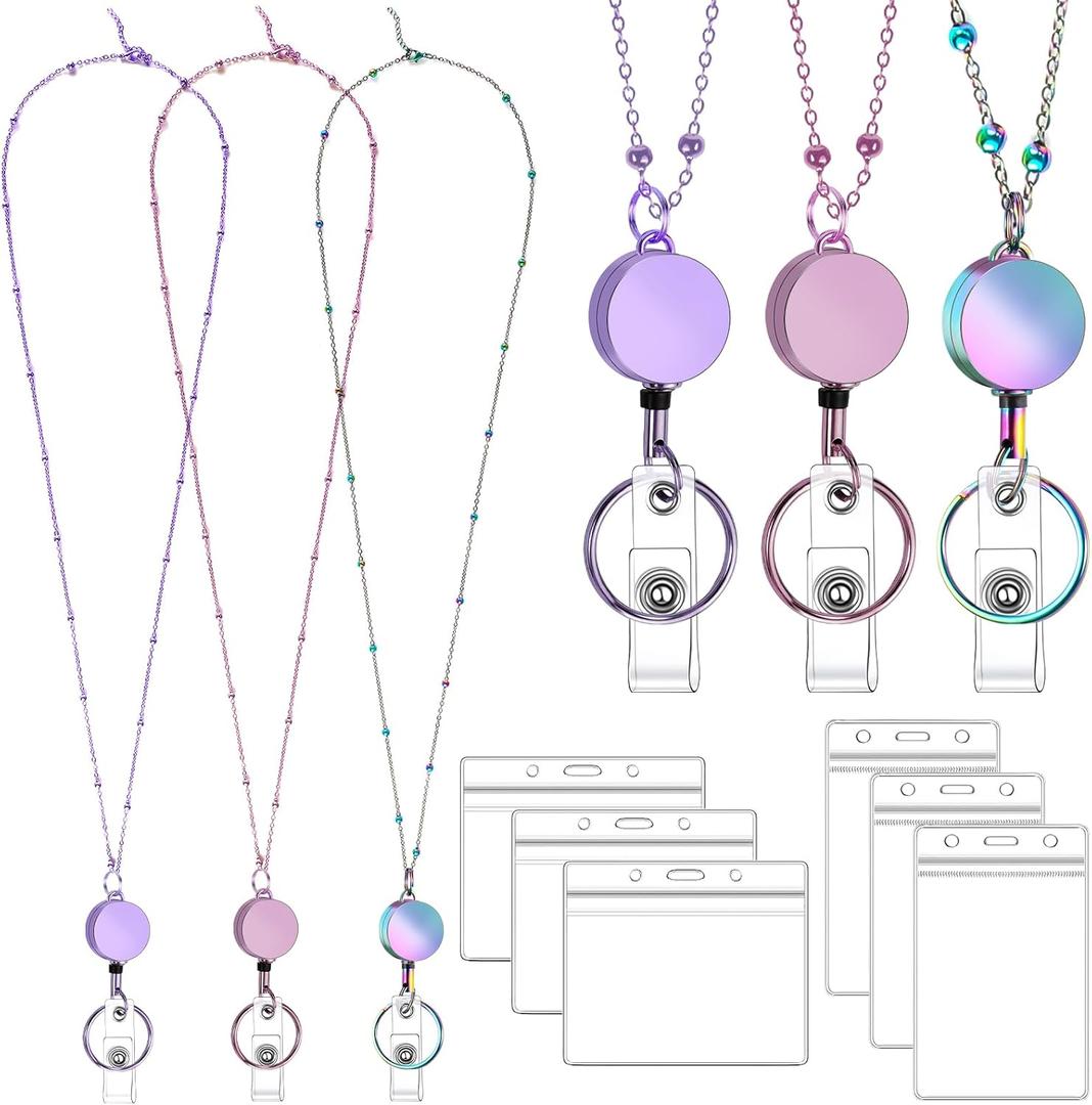 Lanyards for Id Badges 3 Pack Badge Lanyard with 6 Pcs Id Badge Holder Retractable Stainless Steel Teacher Lanyard Cruise Ship Lanyards for Girl Women (Purple, Pink, Bright Blue)