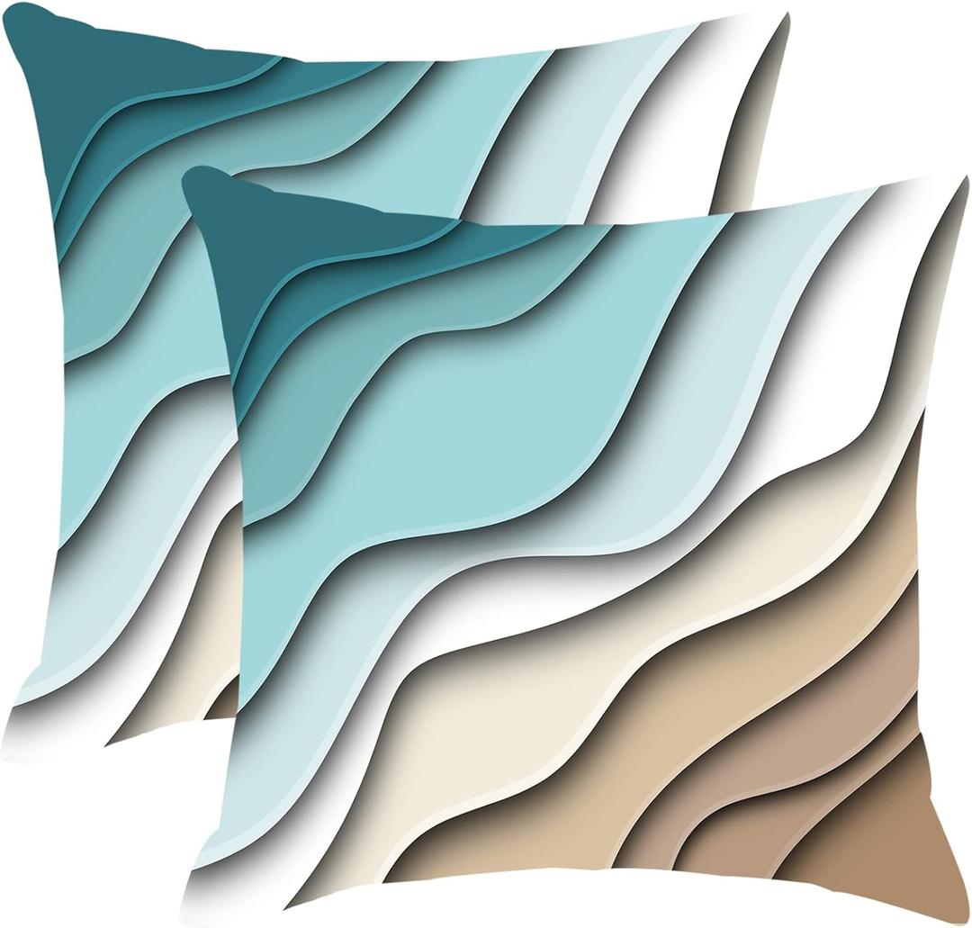 Blue Teal and Grey Boho Throw Pillow Covers 20x20 Set Of 2 Summer Outdoor Abstract Stripe Pillows Cover Mid Century Modern Decorative Pillow Case Farmhouse Cushion Cover for Home Couch Bed Sofa Decor