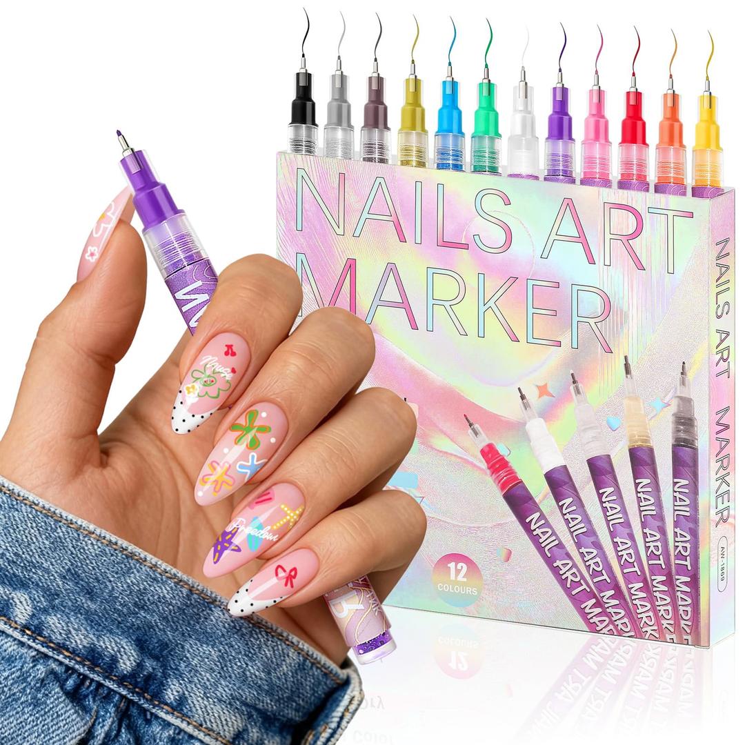KKUUOO 12 Colors Nail Art Pens Set, Plastic Fine Tip 0.5mm Nail Art Markers for Painting Nails, Quick Dry Nail Polish Pens for DIY Designs, Home Use & Professional Salons
