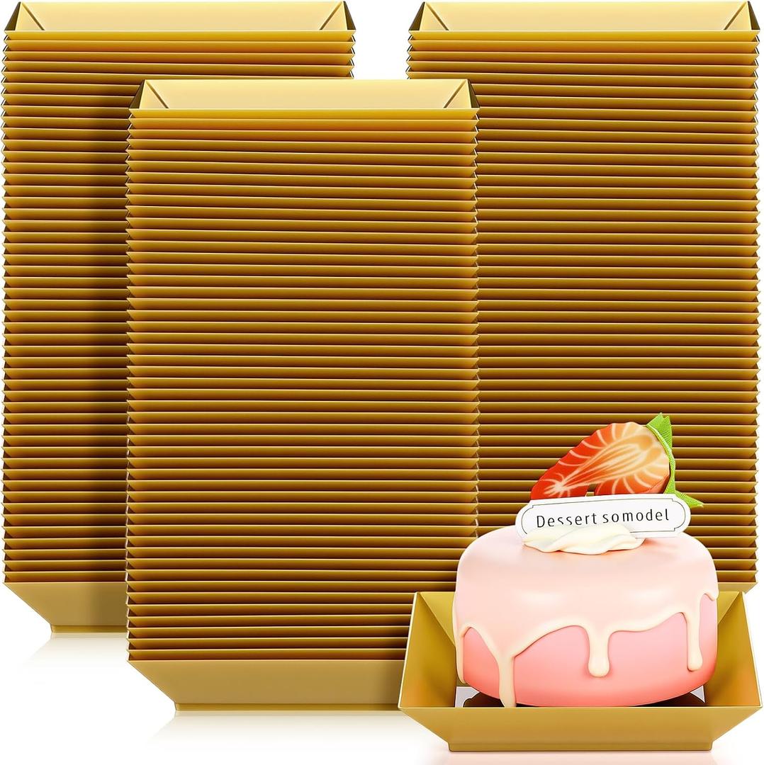Zhehao 100 Pcs Plastic Dessert Appetizer Plates Disposable, 3.6 x 3.6 Inch Small Square Plastic Dessert Cake Snack Plate for Wedding Birthday Bridal Baby Shower All Occasion Party (Gold)