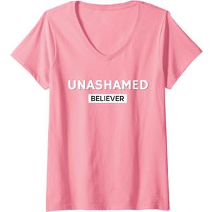 Womens Unashamed Believer Christian Faith V-Neck T-Shirt, S