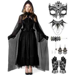 Foaincore Halloween Witch Vampire Costume Black Hooded Tulle Cloak for Women with Gothic Lace Jewelry Set Mask Gloves Denture (Small)