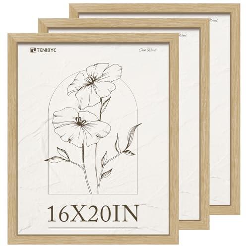 TENIBYC 16x20 Frame 3 Pack, Natural Oak Wood Picture Frame with HD Tempered Glass, Display 16x20 or 20x16 photos, posters and Art Prints, Wall Hanging